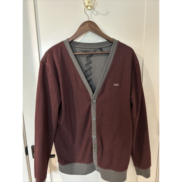 Vans Other - Vans Button-Up Cardigan Mens Size S Maroon/Gray TIE Print Inside Grandpa Sweater